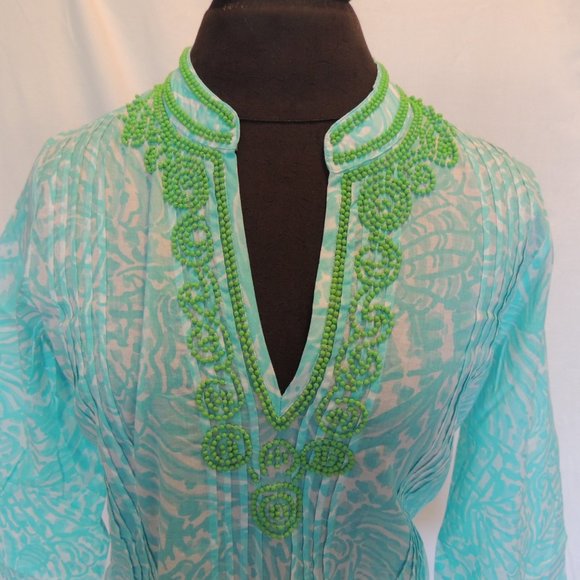 New Lilly Pulitzer Sz S Sarasota Tunic Beaded Neck Pintuck Pleats Cotton - Picture 2 of 4